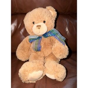 First & Main Dean No. 1796 Tan Teddy Bear Plush with Blue Green Plaid Ribbon Bow